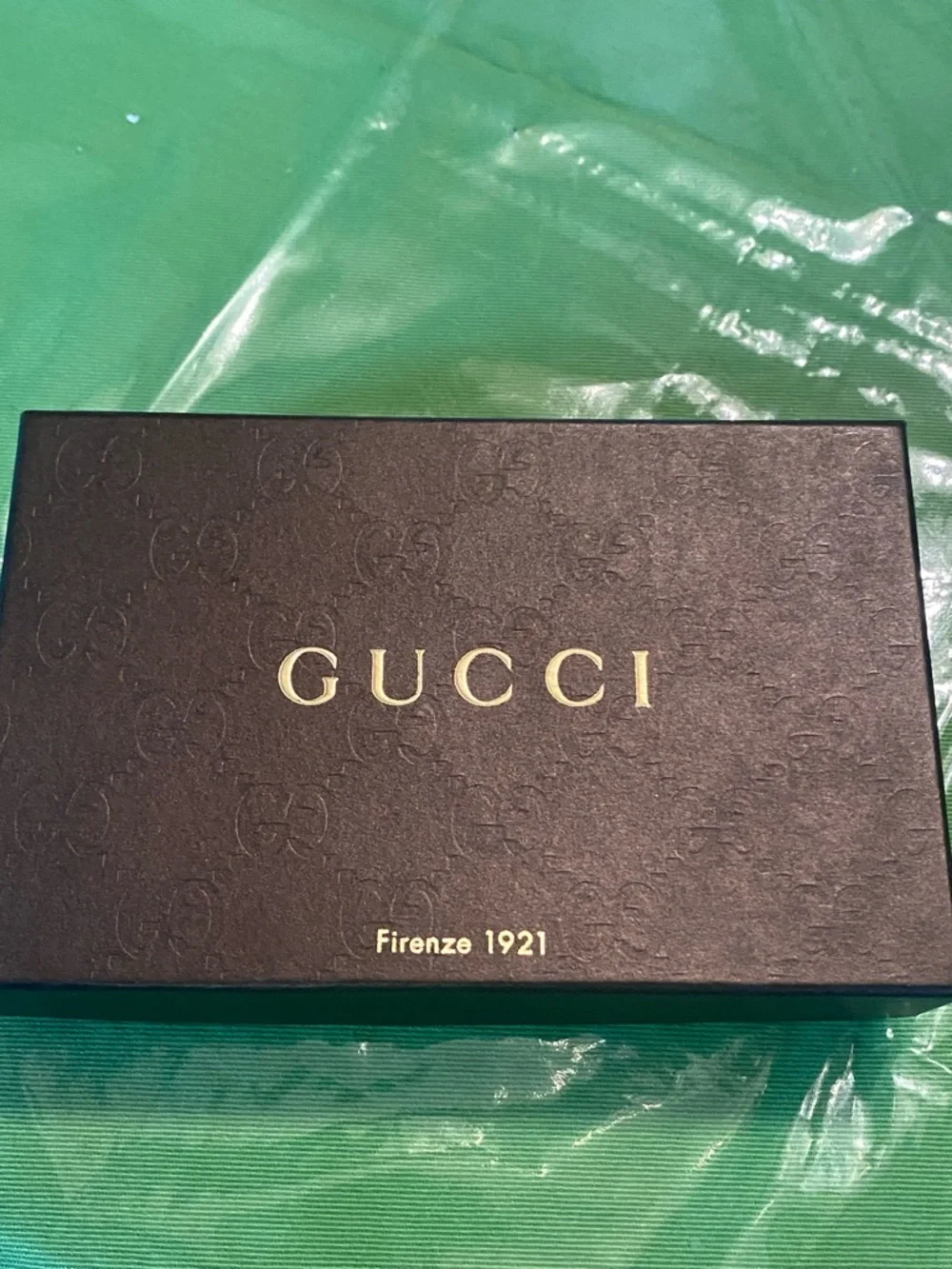 Gucci beige brown GG monogram silk twilly with red trim and gold charm with box